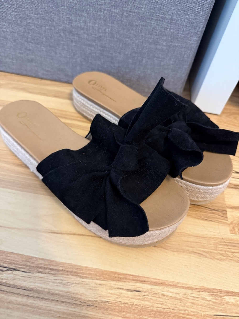 Womens Black Bow Espadrille Slide Sandals